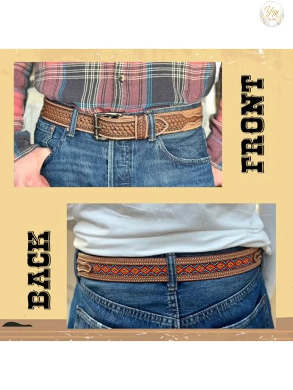 Handmade Full Grain Leather Cowboy Belt with Removable Buckle Beaded Tooled